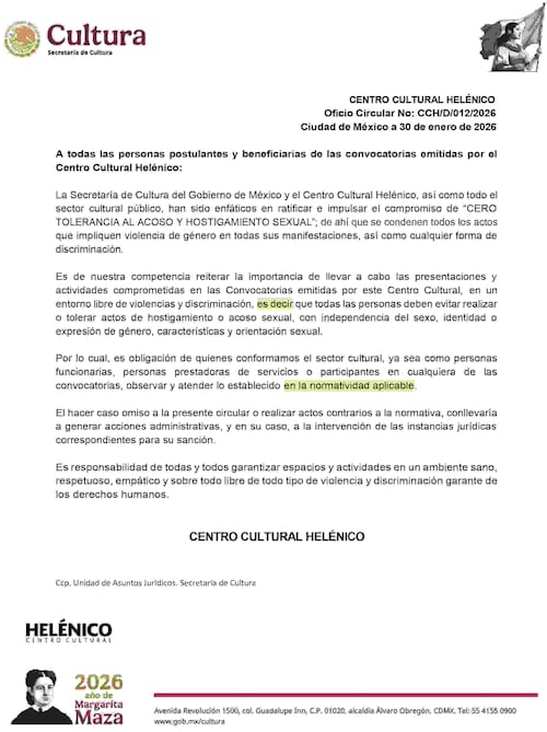 Circular de cero tolerancia al acoso y hostigamiento de los Premios Nacionales de Dramaturgia 2026. Foto: https://convocatorias.cultura.gob.mx/