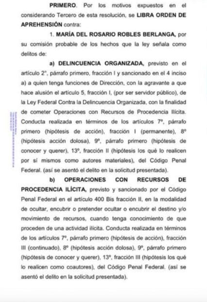 Giran orden de aprehensión contra Rosario Robles por delincuencia organizada y lavado de dinero