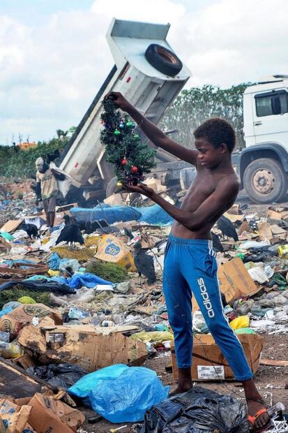 Conmueve foto de niño brasileño que encontró un árbol de Navidad en la basura