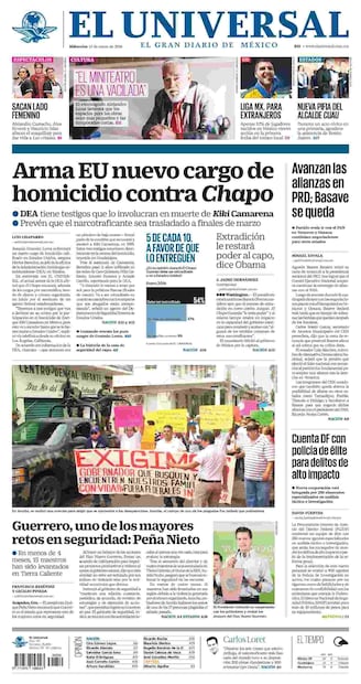 Portada impresa de EL UNIVERSAL del 13 de enero de 2016