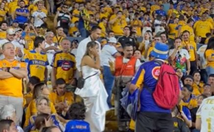 VIDEO: ¡El verdadero amor! Pareja recién casada asiste al Volcán a ver la final Tigres - Chivas