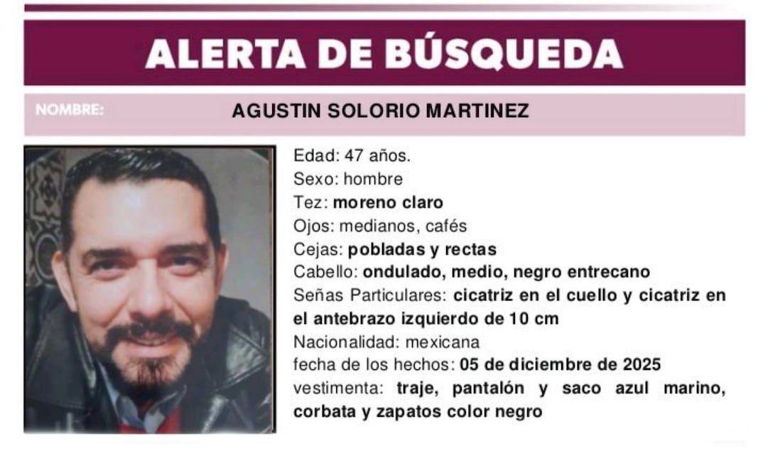 Ficha de búsqueda del delegado distrital del Partido del Trabajo en Apatzingán, Michoacán, Agustín Solorio Martínez (10/12/2025). Foto: Captura de pantalla