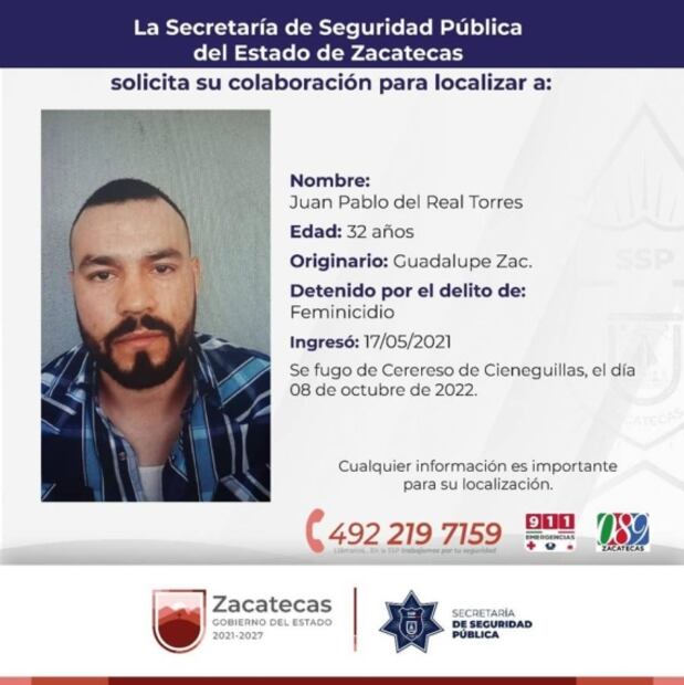 Emiten fichas de búsqueda de los 7 reos que se fugaron del penal de Cieneguillas en Zacatecas