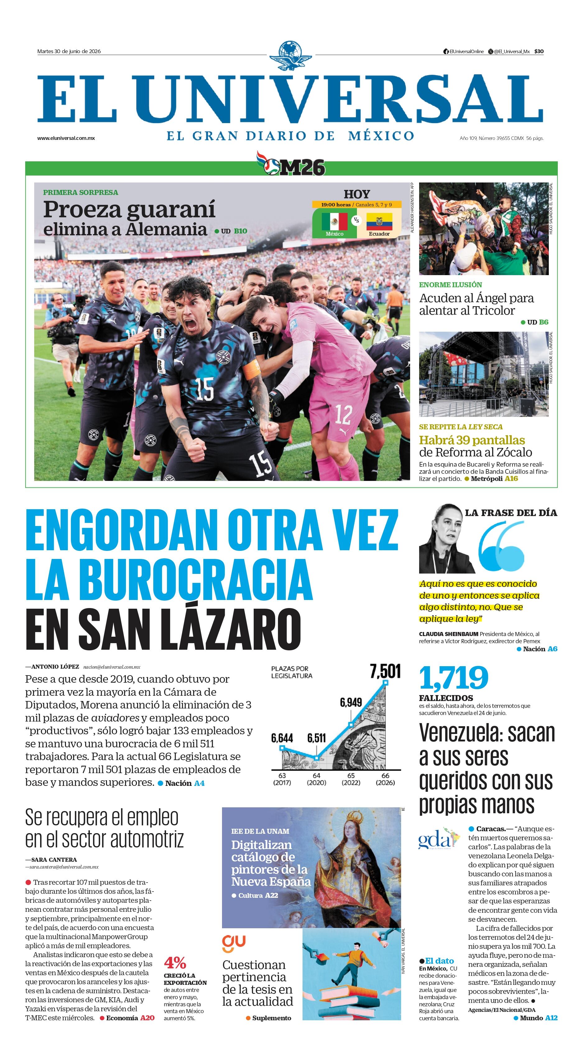 Portada impresa del 30 de junio del 2026