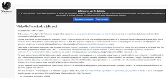 Wikipedia “apaga” su página en protesta contra norma sobre derechos de autor