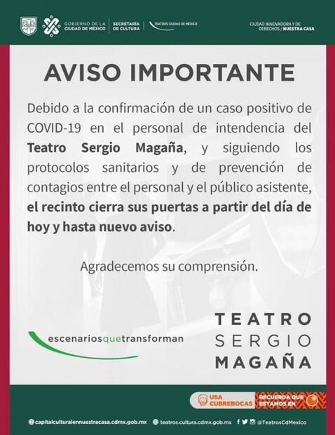 Por caso positivo de Covid-19, el Teatro Sergio Magaña suspende actividades