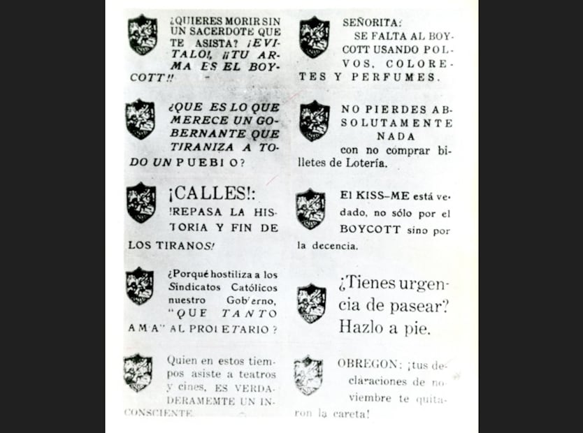Volantes distribuidos durante la Guerra Cristera exhortaban a la población a sumarse al boicot económico como esistencia civil contra las políticas anticlericales del gobierno. Crédito: Archivo de El Universal