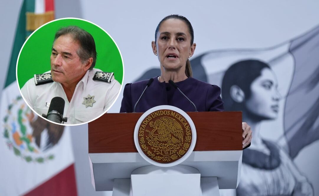 La presidenta Claudia Sheinbaum Pardo durante la mañanera de este 16 de julio del 2025 y el exsecretario de Seguridad de Tabasco, Hernán Bermúdez Requena. Fotos: Fernanda Rojas / EL UNIVERSAL y Especial.