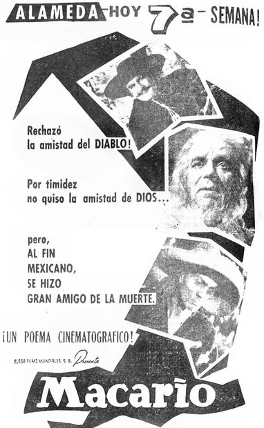 Según la opinión de “El duende Filmo”, columnista de EL UNIVERSAL, la película de Roberto Gavaldón no se filmó a color porque “no tendría el sabor y perdería la amarga dulzura de su argumento”. “[Macario] lleva al terreno de la fantasía y su desenlace es una sorpresa bien lograda que deja al espectador sumido en una tristeza diáfana y suave”, se mencionó en este diario. Foto: Hemeroteca EL UNIVERSAL.