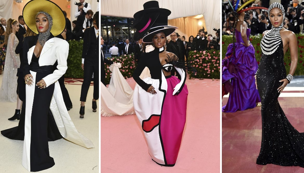 Atuendos de la cantante Janelle Monae en la gala benéfica del Instituto del Traje del Museo Metropolitano de Arte a lo largo de varios años. Foto: AP.