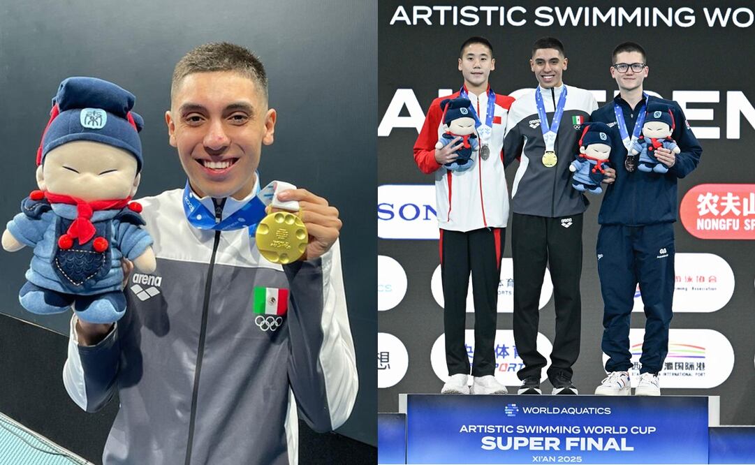 Diego Villalobos, tras coronarse en la Final de la Copa del Mundo de Natación Artística - Fotos: @COM_Mexico en X y AFP