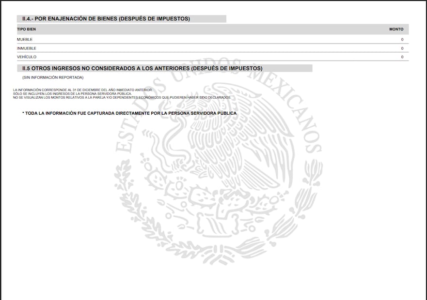 Declaración de situación patrimonial y de intereses de Felipe de Jesús, maquinista del Tren Interoceánico que descarriló en Nizanda, Oaxaca. Foto: captura de pantalla