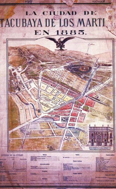 En el siglo XIX se consideraba a Tacubaya una ciudad aparte de la capital del país, como lo demuestra esta litografía de 1883. Fuente: Mapoteca Manuel Orozco y Berra.