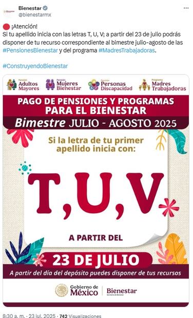 Pensión del Bienestar 2025: ¿a qué letras les toca pago hoy, 23 de julio?. Fuente: BienestarMX