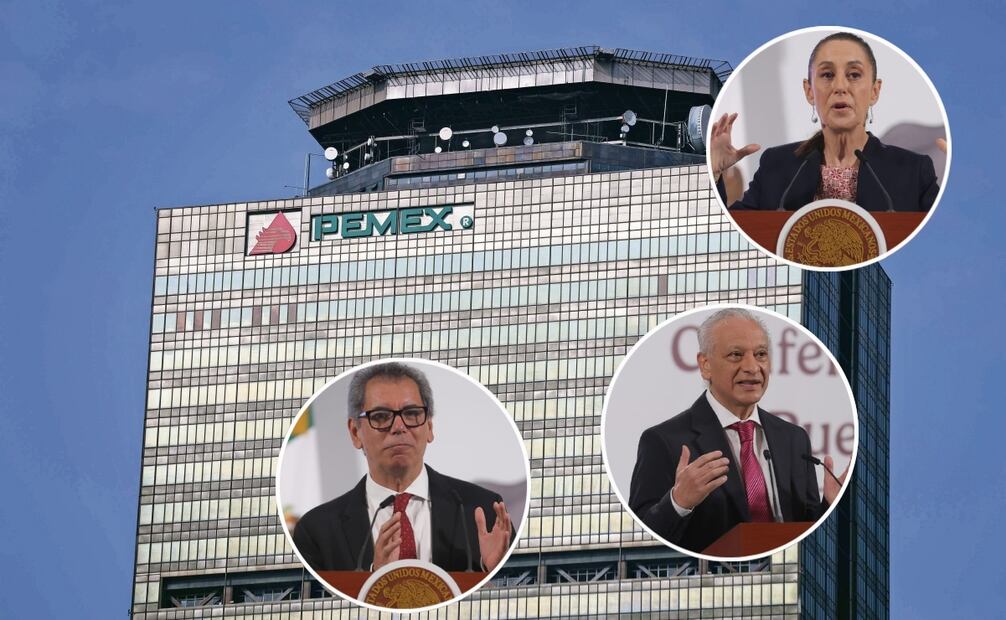 Torre de Pemex. La presidenta Claudia Sheinbaum. En los círculos: Víctor Rodríguez Padilla, director general de Pemex y Edgar Amador Zamora, secretario de Hacienda y Crédito Público, durante la mañanera de este 5 de agosto del 2025. Fotos: Diego Simón y Gabriel Pano / EL UNIVERSAL