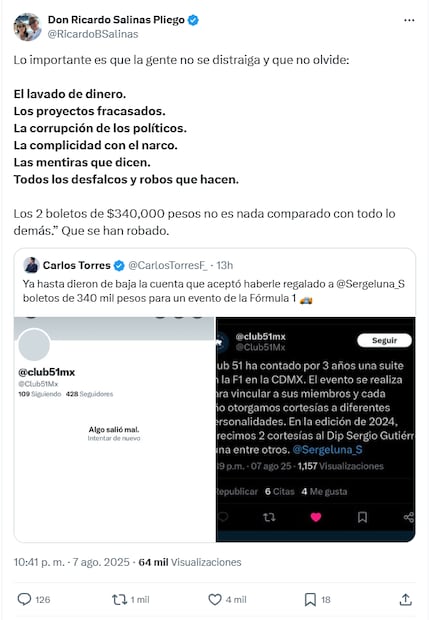 Crítica de Salinas Pliego a Sergio Gutiérrez por boletos de F1. Foto: X