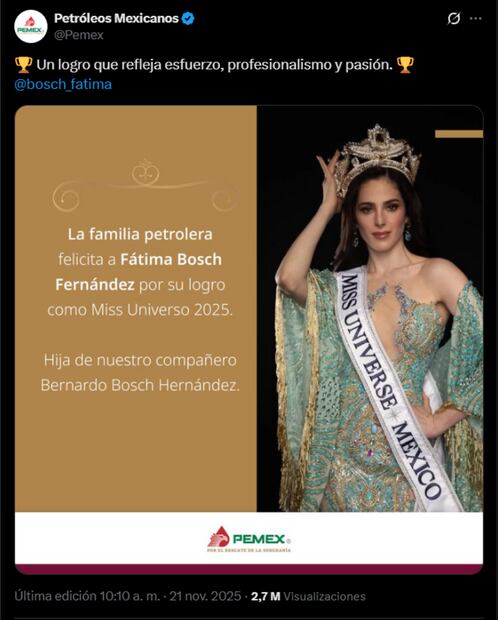 Felicitación a Fátima Bosch por parte de Pemex. Foto: captura de pantalla