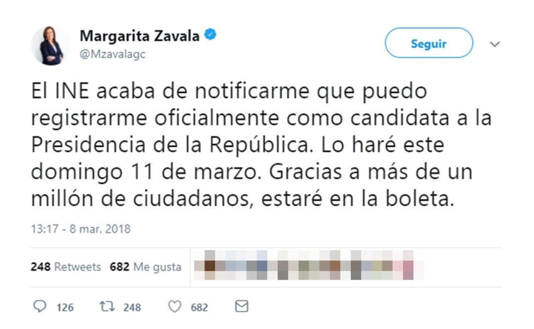 Margarita Zavala agradeció a quienes dieron su firma para que aparezca en la boleta electoral. /Twitter