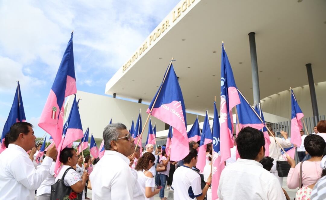 Integrantes del Frente se presentaron a las puertas del recinto legislativo con banderas azules y rosas para respaldar el rechazo. Foto: Yazmín Rodríguez / EL UNIVERSAL