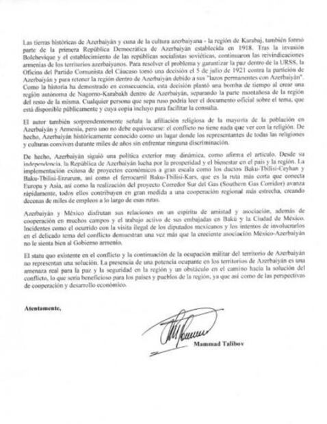 Carta de la embajada de la República de Azerbaiyán en México