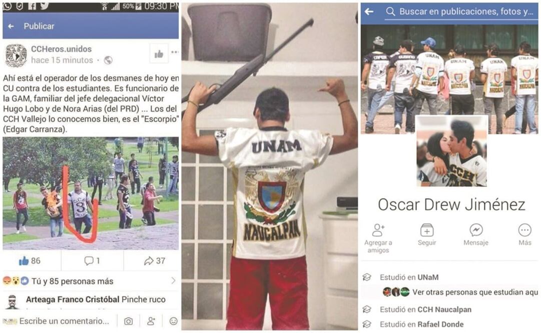 Usuarios de redes han subido capturas de pantalla de los perfiles de los presuntos agresores. Entre las denuncias se señala a Édgar Carranza El Escorpión (sic), como operador de los porros, supuestamente vinculado al PRD. Foto: TOMADAS DE FACEBOOK