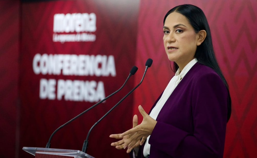 Ariadna Montiel Reyes, presidenta nacional de Morena, en conferencia de prensa del martes 9 de junio de 2026. Foto: Especial