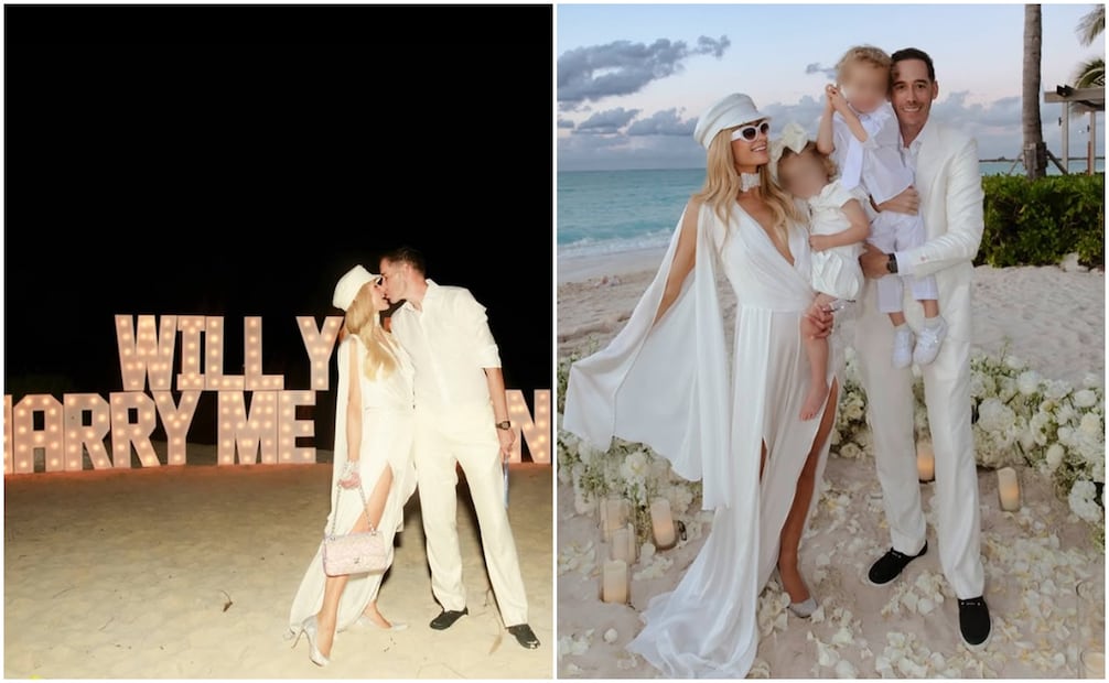 Paris Hilton y Carter Reum posan con sus hijos Phoenix y London en el romántico momento.