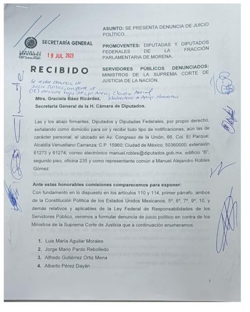 Imagen de demanda de juicio político contra ministros de la Corte. Foto: Especial