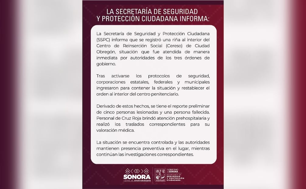 De acuerdo con la Secretaría de Seguridad y Protección Ciudadana (SSPC), la situación se originó tras una riña entre personas privadas de la libertad. | Foto: Especial.