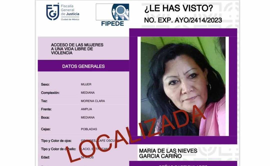 La Fiscalía Capitalina dio a conocer que se encontró sana y salva a la señora María de las Nieves García, quien fue reportada como desaparecida por sus familiares. Foto: Especial