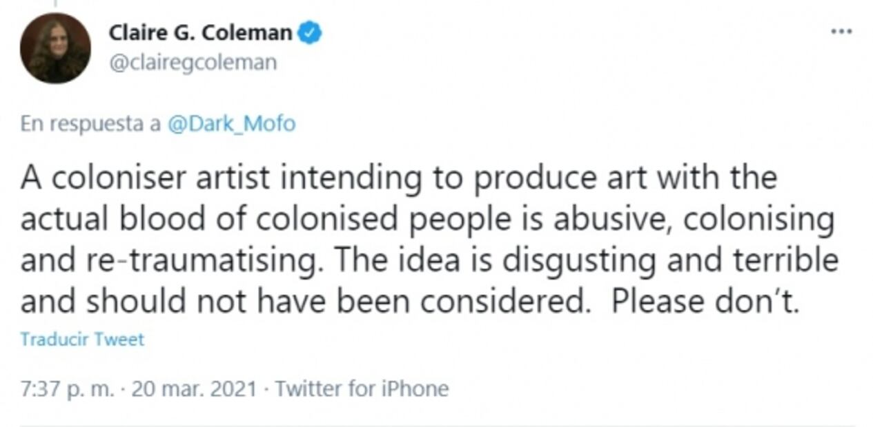 Cancelan obra sobre colonización en la que artista español pedía sangre de aborígenes