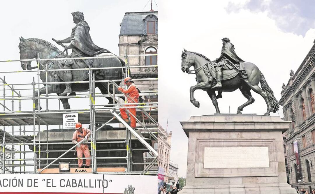 A la izquierda, la obra de Mauel Tolsá con daños en su superficie luego de ser dañada con ácido nítrico; a la derecha, imagen de ayer de la escultura totalmente remodelada (ARCHIVO EL UNIVERSAL E IVÁN STEPHENS)