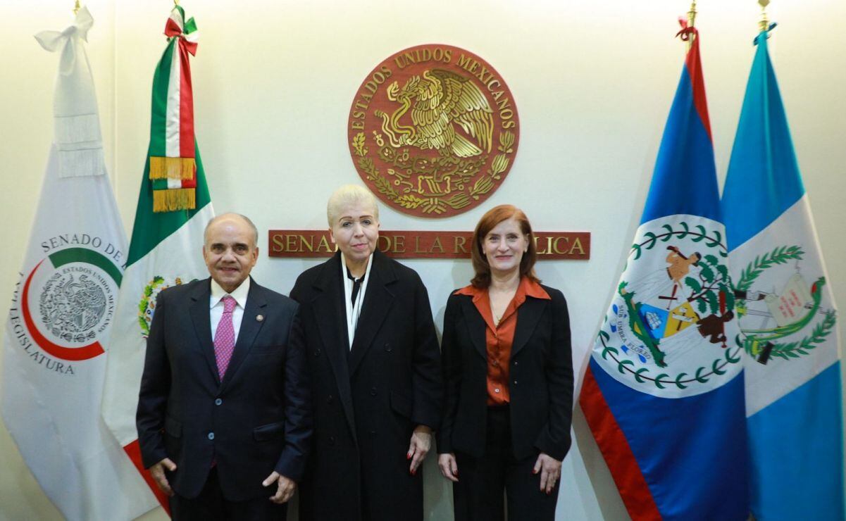 El priista Manuel Añorve con Ana Luisa Vallejo Barba, designada Embajadora de México en Belice y Luz Elena Baños Rivas, designada Embajadora de México en Guatemala este martes 10 de febrero de 2026. Foto: Especial