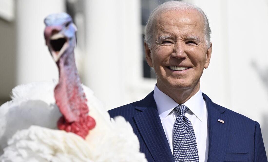 El presidente estadounidense Joe Biden indulta al pavo nacional de Acción de Gracias, Liberty, durante una ceremonia de indulto en la Casa Blanca en Washington. Foto: AFP