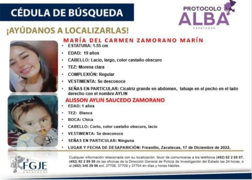 Reportan como desaparecidas a madre y bebé de 1 año en Fresnillo, Zacatecas