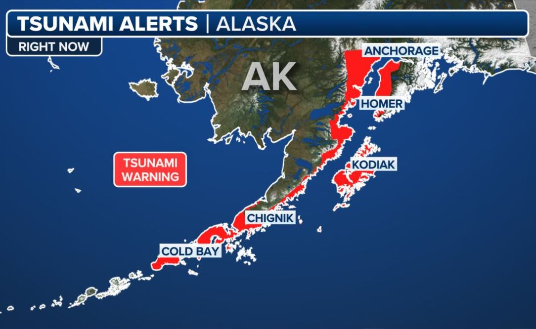 Emiten alerta de tsunami para gran parte de la costa de Alaska, incluyendo Kodiak y Homer, tras registrarse un terremoto de magnitud 7,3 frente a Sand Point, Alaska. Foto: X @foxweather