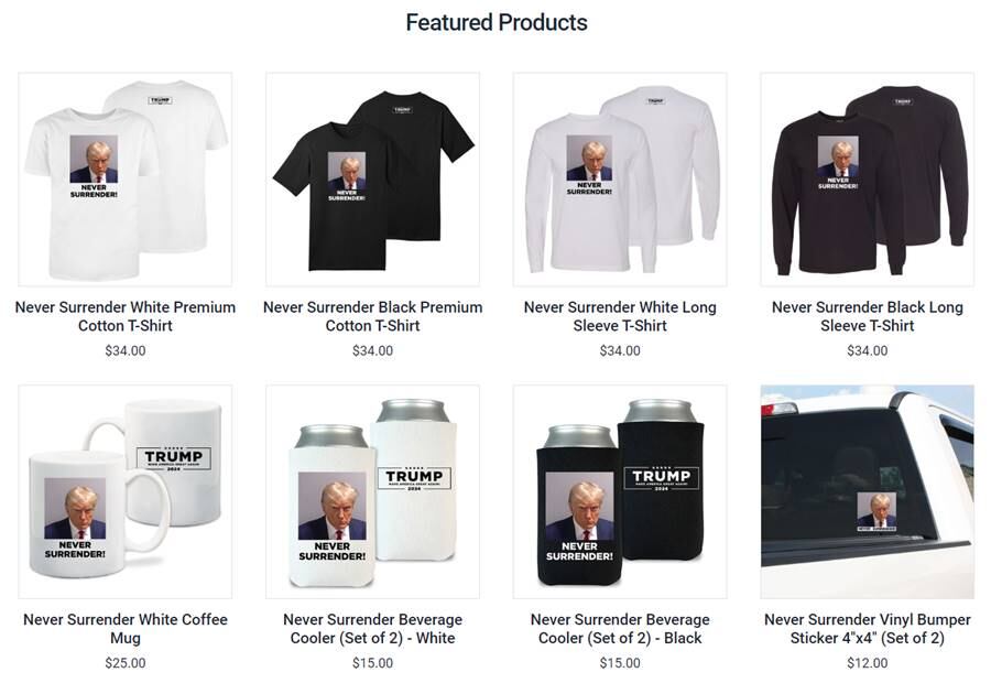 Mercancía oficial de Trump fichado en Georgia. Foto: Captura