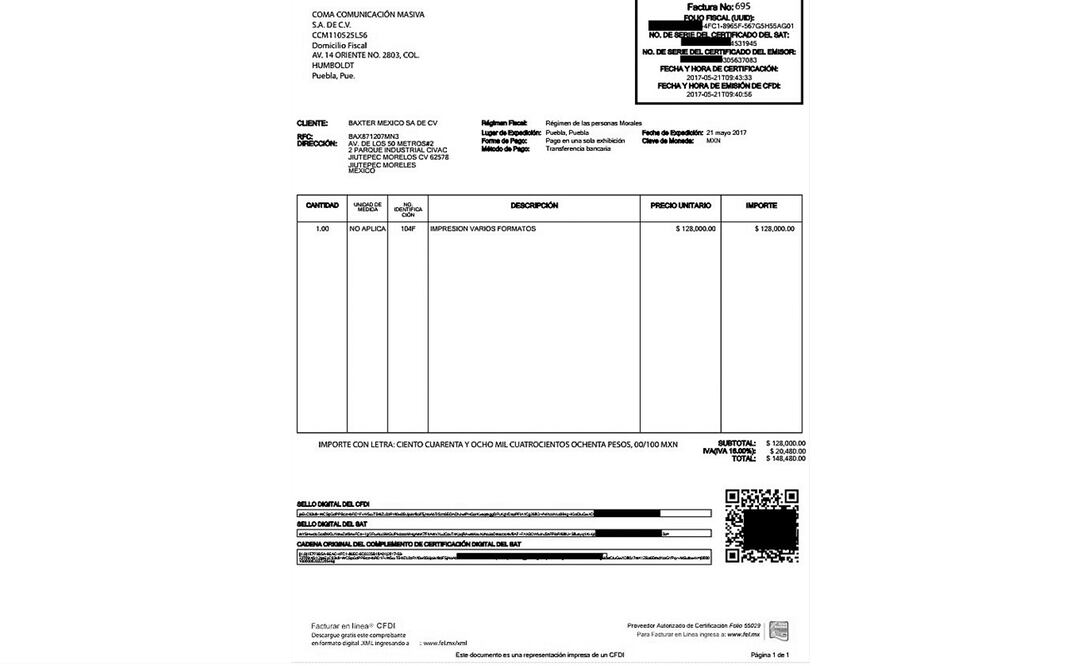 Las facturas que presuntamente pagó Baxter tienen fecha del 23 de marzo, 3 de abril y 21 de mayo con el concepto de “materiales impresos varios”, esta última rebasa los $100 mil.