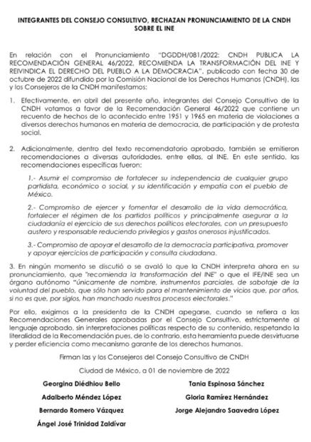 Integrantes del Consejo Consultivo de la CNDH rechazan aval y discusión de “transformación del INE”