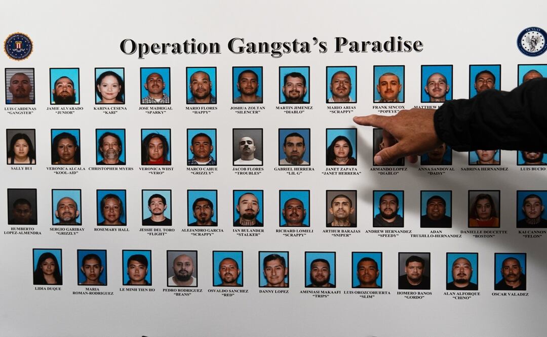 Individuos identificados por organismos del orden público como miembros y colaboradores de la "Mafia Mexicana" después de una conferencia de prensa en Santa Ana, California. Foto: AP
