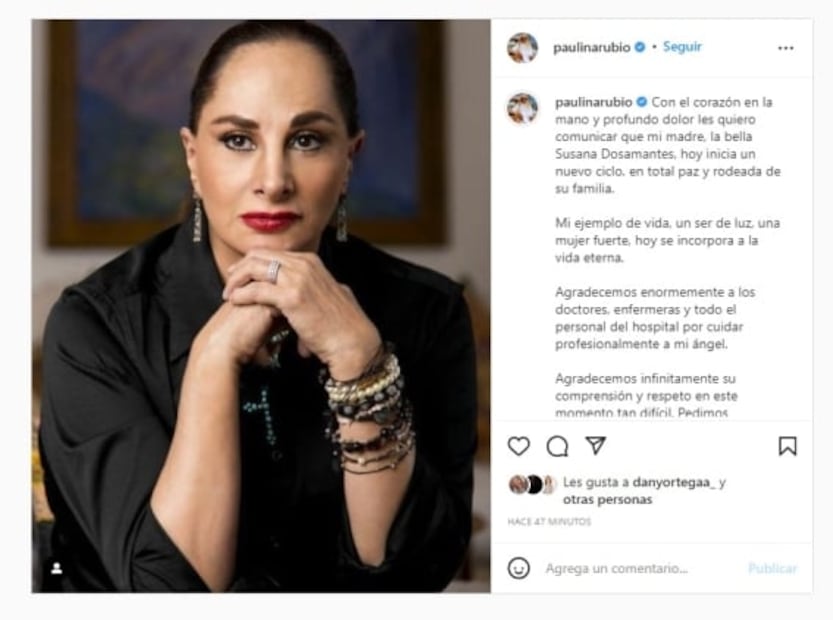 Paulina Rubio dedica emotivo mensaje a su fallecida madre, Susana Dosamantes