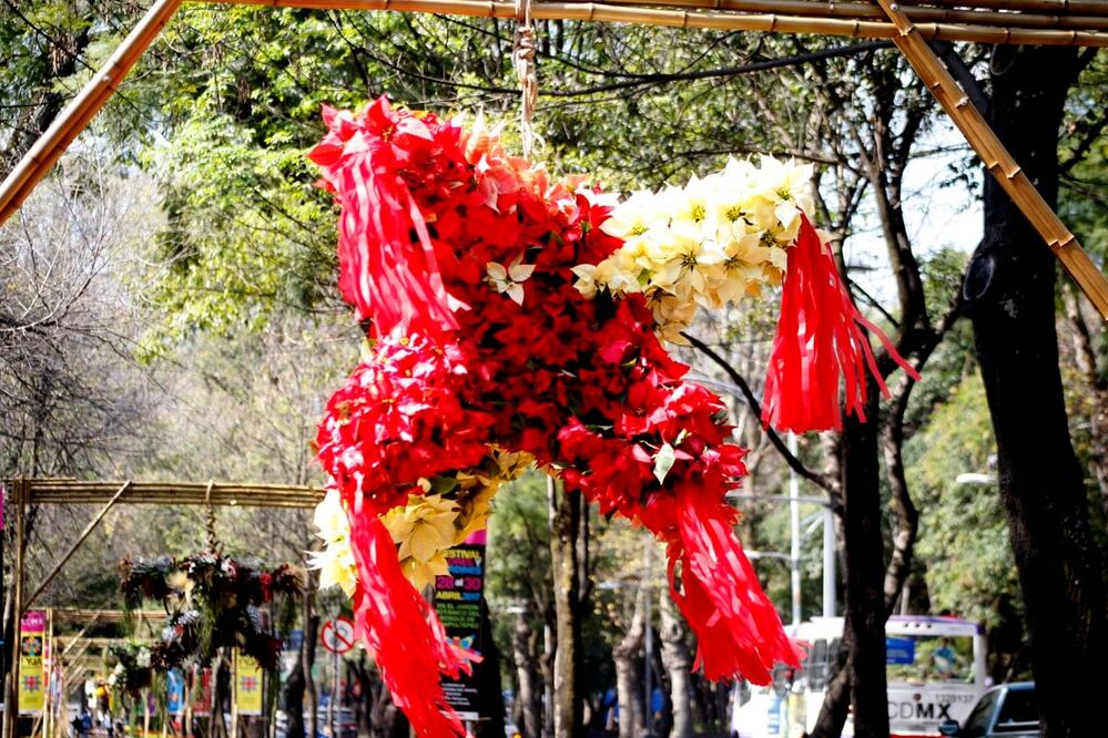 Las 14 piñatas, de siete picos y casi dos metros de diámetro, fueron creadas por distintos artistas y artesanos, en su mayoría con flores de origen nacional (Foto: tomada de @ManceraMiguelMX)