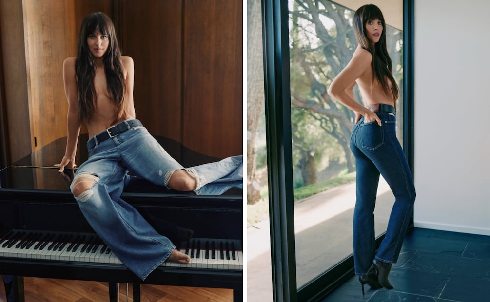Dakota Johnson aparece con jeans de tiro alto y ropa interior de Calvin Klein. Foto: Calvin Klein