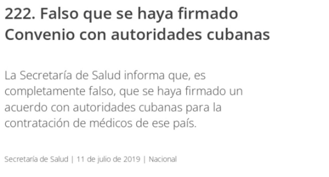 ¿AMLO y la Secretaría de Salud negaron en 2018 y 2019 la contratación de médicos cubanos?