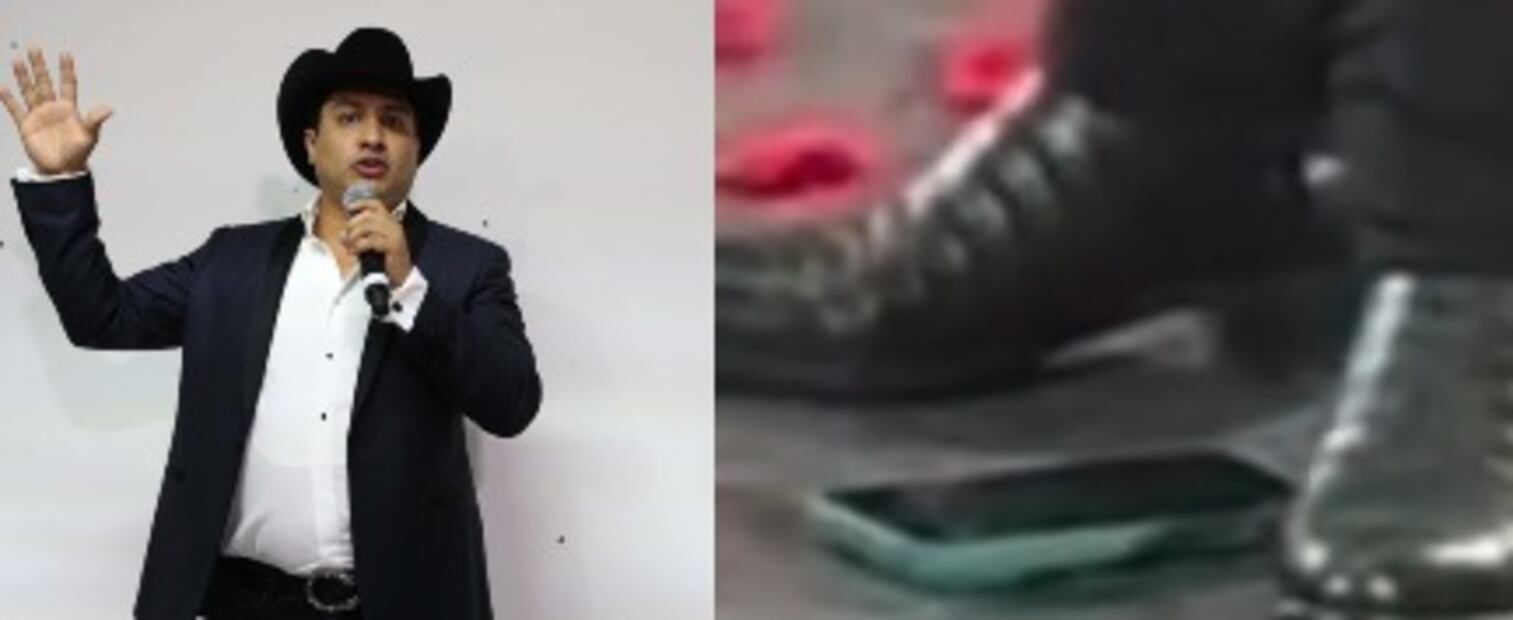 Julión Álvarez no se dio cuenta al pisar celular de un fan. Foto: Valente Rosas/ El Universal y @
anonidentidad (TikTok)