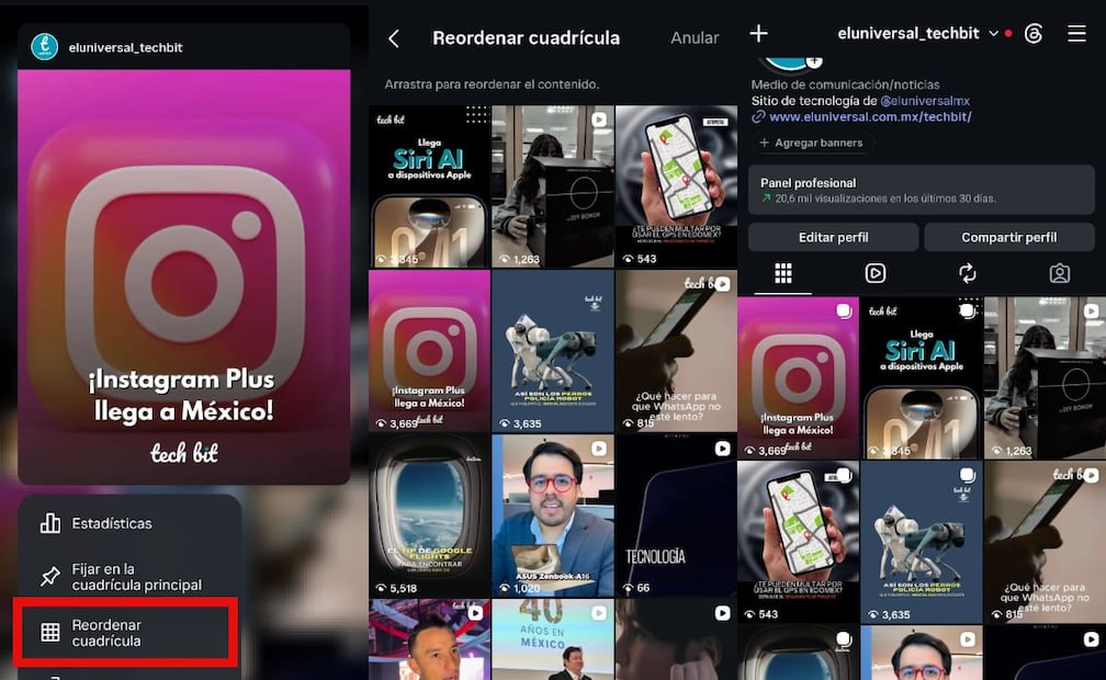 Paso a paso: cómo reorganizar tu cuadricula de perfil de Instagram. Imagen: captura de pantalla