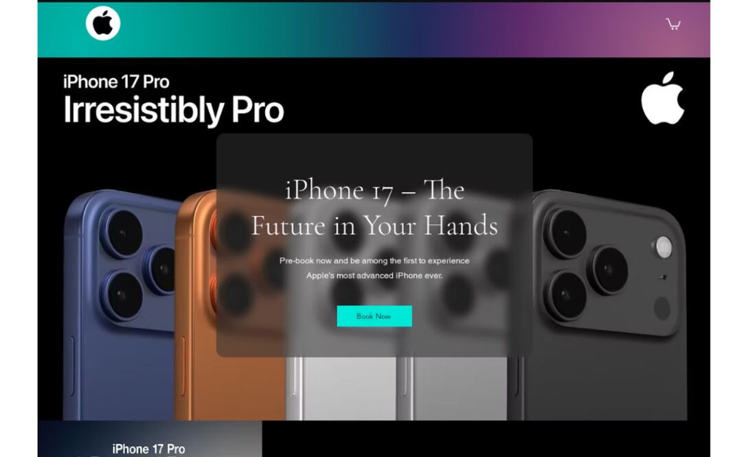 Sitio engañoso que se hace pasar por la página oficial de Apple, con un botón de “Reservar ahora” que conduce a un formulario de envío de datos financieros. Foto: Kaspersky