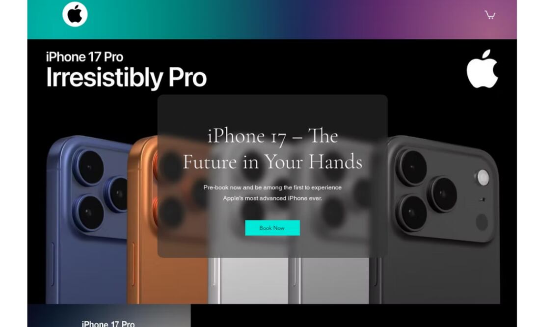 Sitio engañoso que se hace pasar por la página oficial de Apple, con un botón de “Reservar ahora” que conduce a un formulario de envío de datos financieros. Foto: Kaspersky