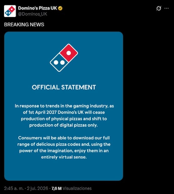 Domino’s se burla de PlayStation con una "pizza digital". Foto: Captura de pantalla