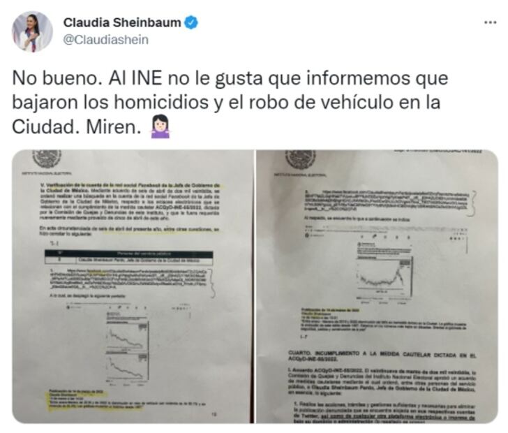 Piden a Sheinbaum bajar información sobre baja de delitos de sus redes sociales
